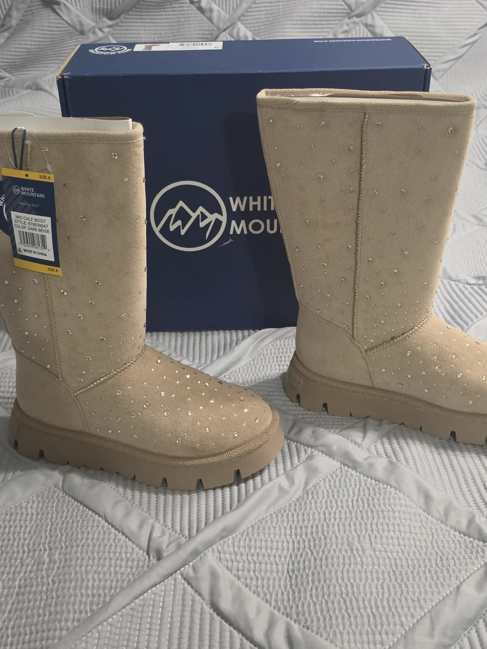 White Mountain Tripp Mid Calf Boots Women's Size 8 Dark Beige Rhine Lug Sole